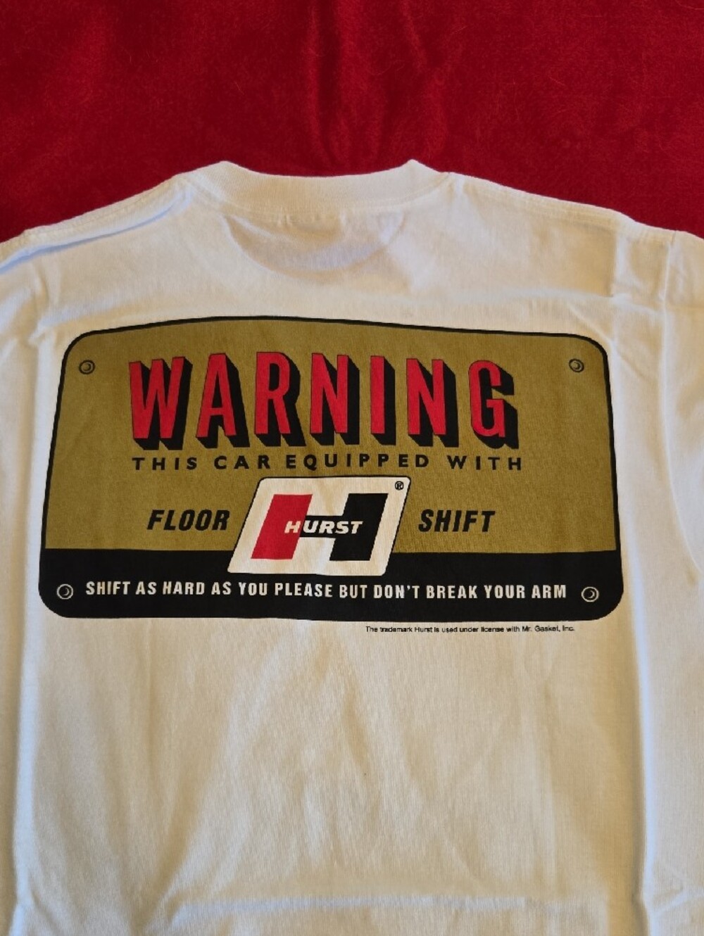 New Gildan White Tee with Red and Black Hurst Floor Shift Logo